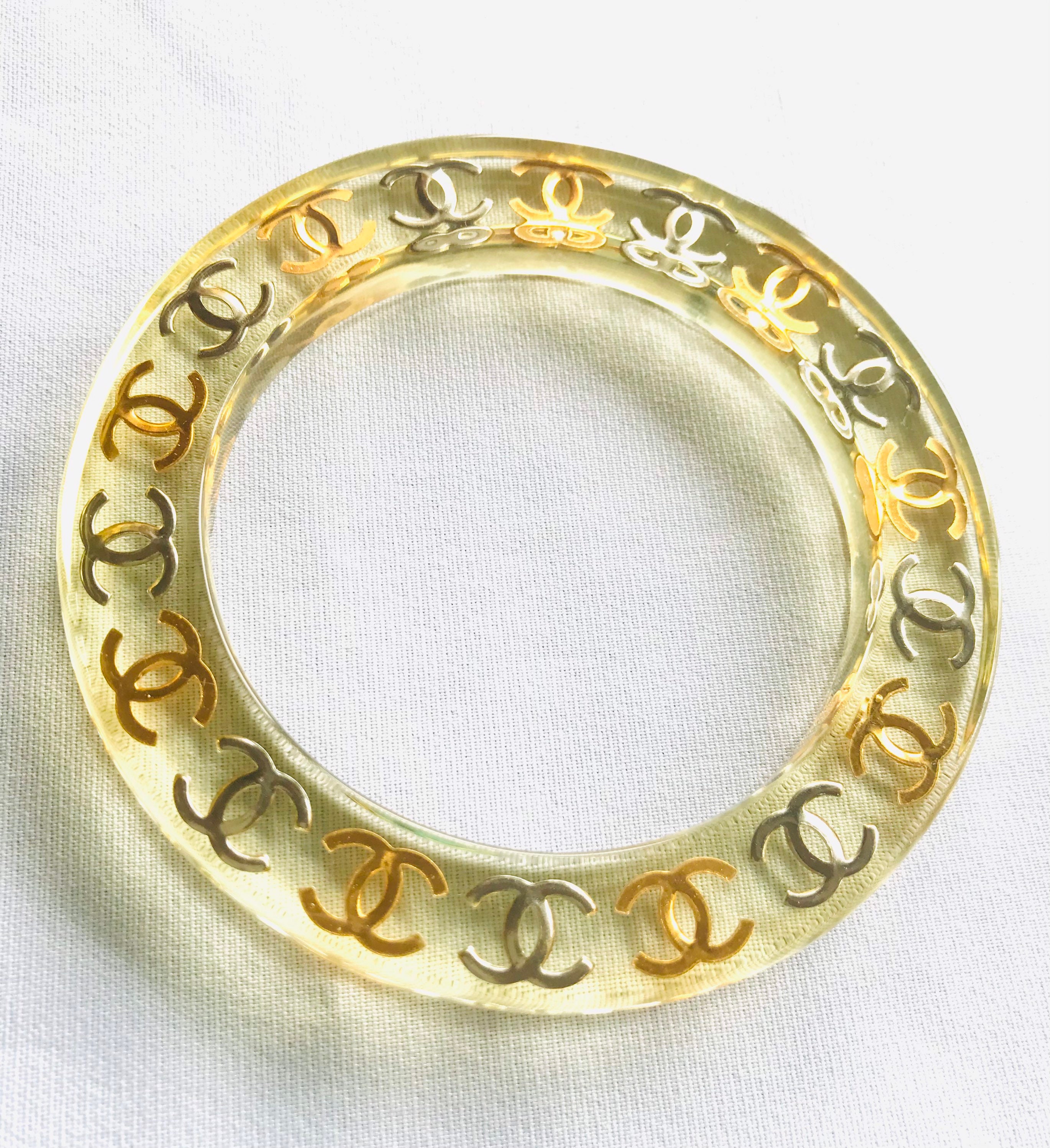 Vintage CHANEL Clear Resin Bangle Bracelet — Gold & Silver CC