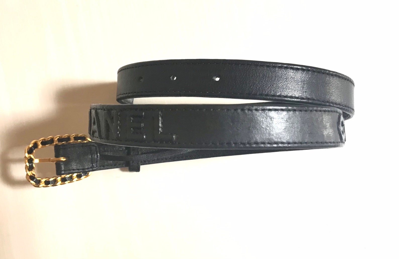 Vintage CHANEL Black Skinny Belt With Golden Chain Buckle and - Etsy