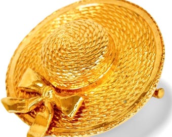 1990s Vintage CHANEL Hat-Shaped Gold Brooch | Bow Detail | Chic Statement Pin | Scarf & Hat Accessory | 070805k1y