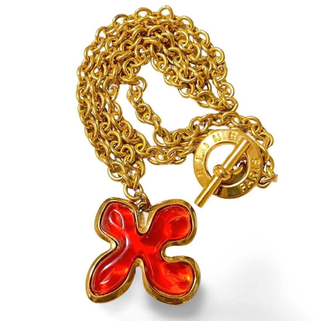 Vintage CELINE Thick Gold Chain Long Necklace With Orange-red