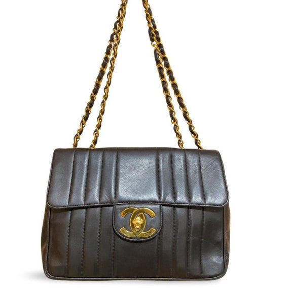 Vintage CHANEL black lambskin 2.55 classic jumbo large chain large shoulder bag with golden CC. Vertical stitch. 051128ac4 Etsy