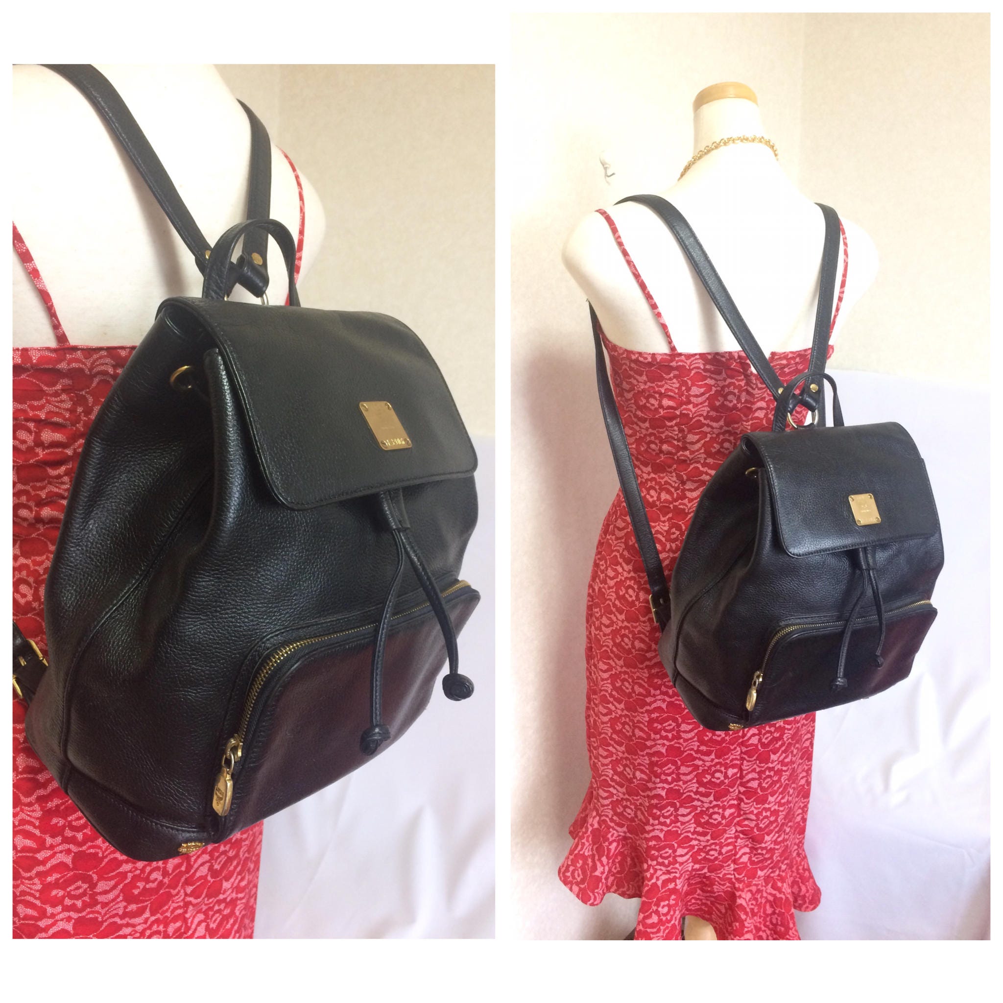 Vintage MCM Black Leather Backpack With Golden Studded Logo ...