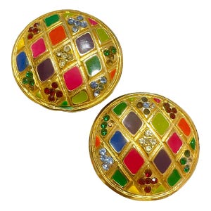 Vintage Gianni Versace round gold tone earrings with multicolor enamel and crystals. Must have gorgeous jewelry piece. Great gift. 070708ac2