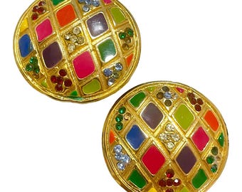 Vintage Gianni Versace Round Gold-Tone Earrings | Multicolor Enamel & Crystal Statement Jewelry | 1990s Designer Gift | 070708ac2