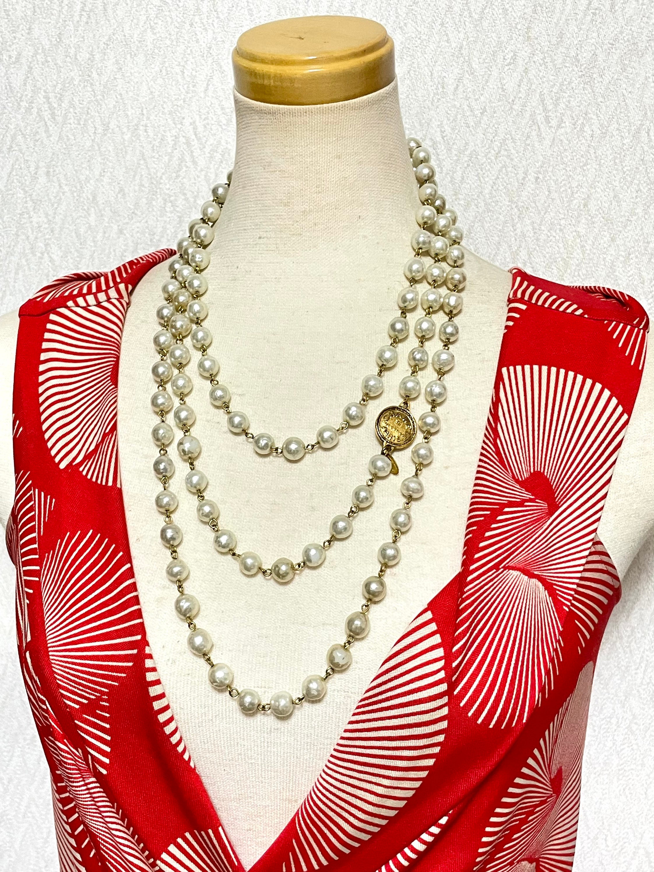 Vintage CHANEL Faux Pearl Necklace Extra Long Necklace With