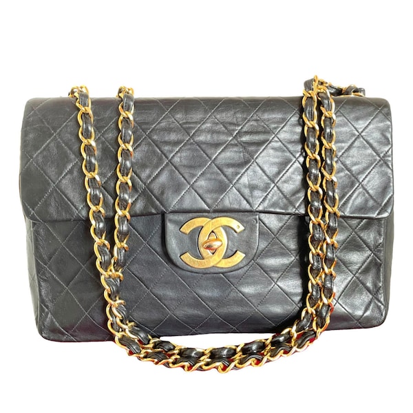 Vintage CHANEL Jumbo 2.55 Black Lambskin Shoulder Bag. 1990s Gold CC Turn Lock Chain. Large Classic Flap Bag. 050223rc1
