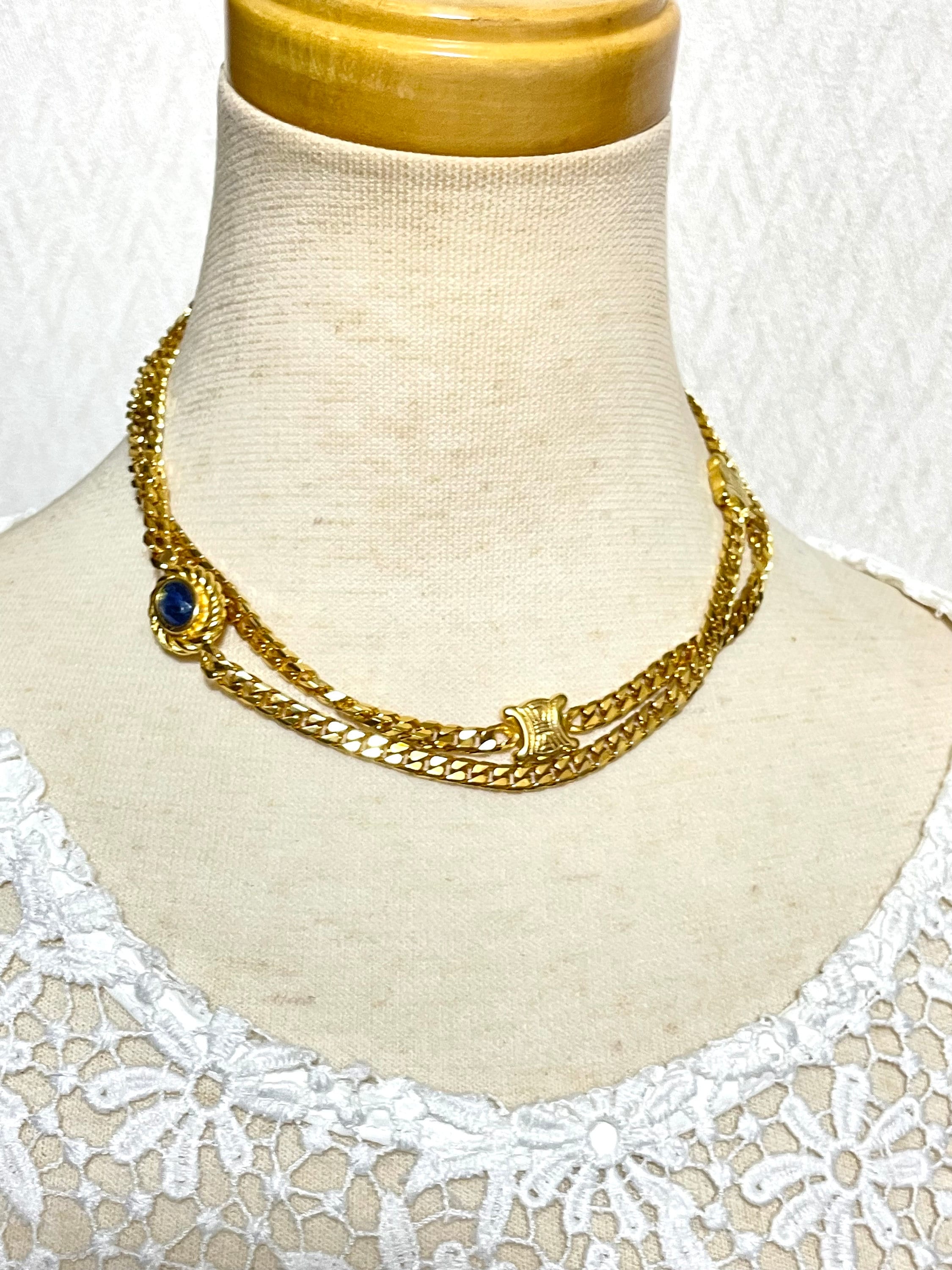 Vintage CELINE Gold Chain Necklace With Triomphe Charms & Blue