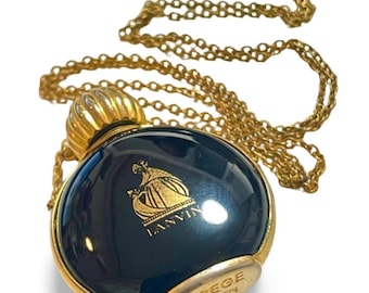 1980s Vintage Lanvin Gold Chain Necklace with Logo Motif & Black Arpège Perfume Bottle Pendant — Rare Lanvin Jewelry, Perfect Gift. 060918yf