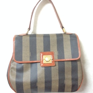Vintage FENDI pecan stripe large handbag, purse with brown leather trimming and gold tone closure, Fendi classic bag. 070819ac1