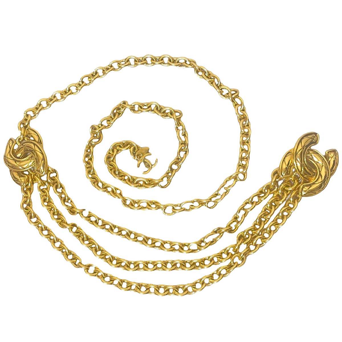 Vintage CHANEL Gold Chain Belt With Triple Layer Chains and Two