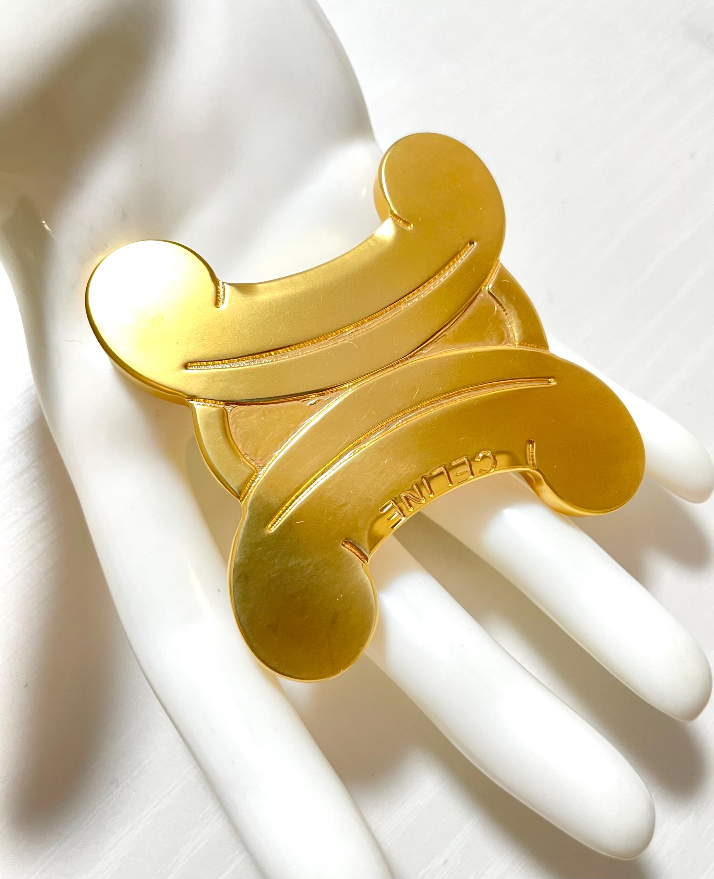 Vintage CELINE Extra Large Gold Tone Triomphe Brooch Statement
