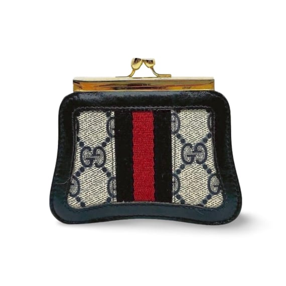Vintage 1980s–1990s Gucci GG Monogram Navy Coin Purse With Kiss