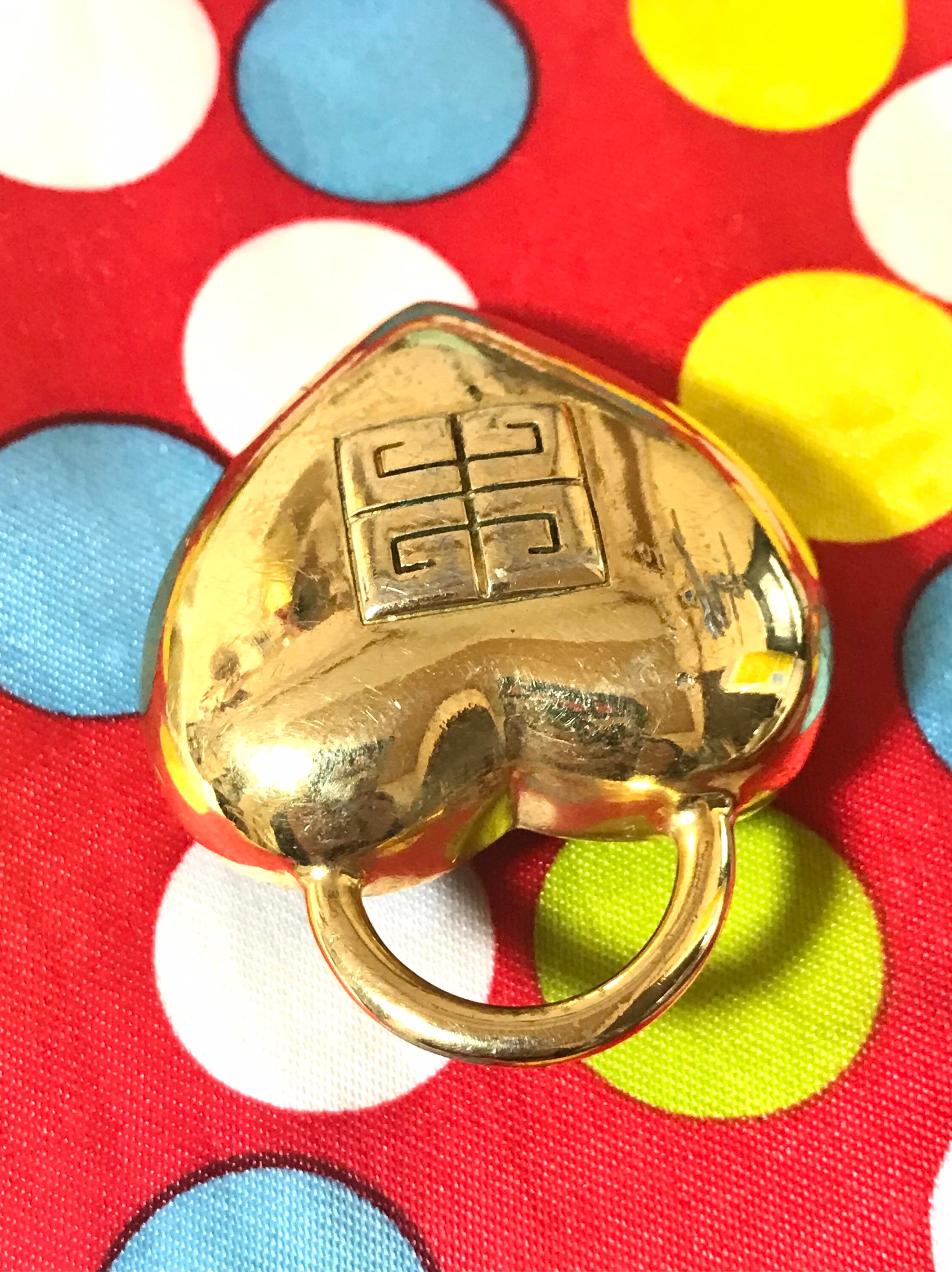 Vintage GIVENCHY Gold-tone Heart Padlock Logo Brooch. Embossed