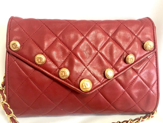 Vintage Early 80's CHANEL Red Quilted Leather Mini Double Flap Bag wit