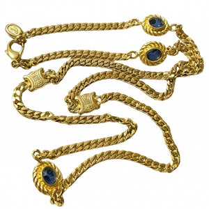 Vintage Celine gold chain necklace with triomphe charms and blue stones. Can be bracelet. Beautiful celine statement jewelry. 050817ys1