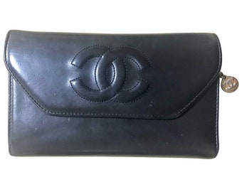 Authentic CHANEL Vintage Diamond Stitch CC Long Bifold Wallet Clutch Black