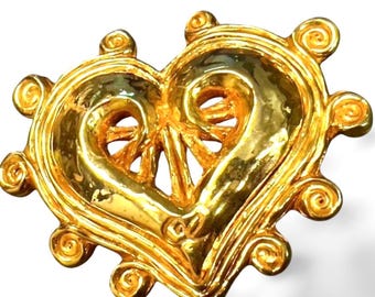 Vintage Christian Lacroix golden Edwardian heart and spiral design brooch, hat pin, and jacket pin with CL logo. 080518k2m