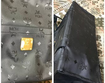 MINT. Vintage MCM Black Monogram Large Shopper Tote Bag 