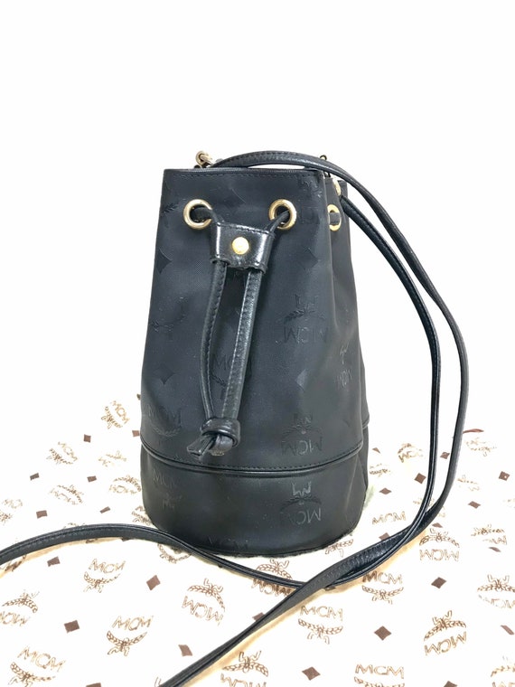 Vintage MCM Black Monogram Small Hobo Bucket Shoulder Bag. 