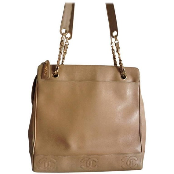 Vintage CHANEL brown beige caviar leather chain tote bag - .de