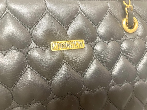 1990s Vintage MOSCHINO Black Heart Quilted Lambskin Tote With Gold