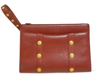 1990s Vintage Gianni Versace Brown Leather Wristlet Clutch | Iconic Sunburst Medallion Charms | Unisex Pouch Bag | Rare Versace. 061027y1