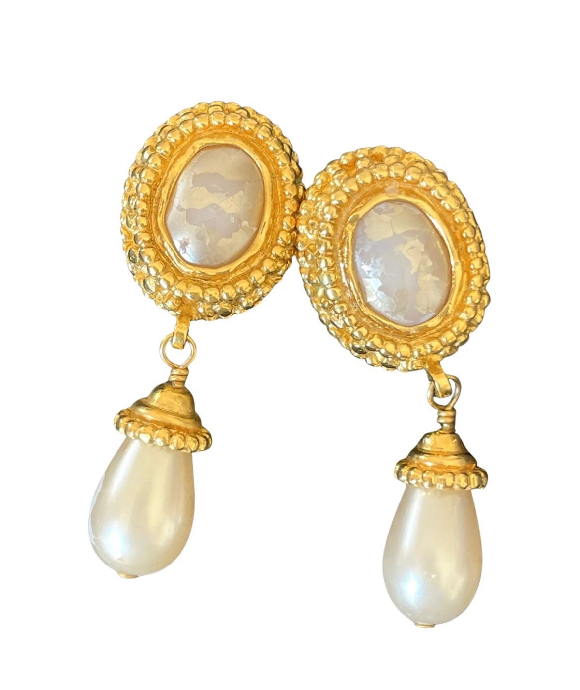 Authentic vintage Chanel earrings white pearl swing CC logo dangle