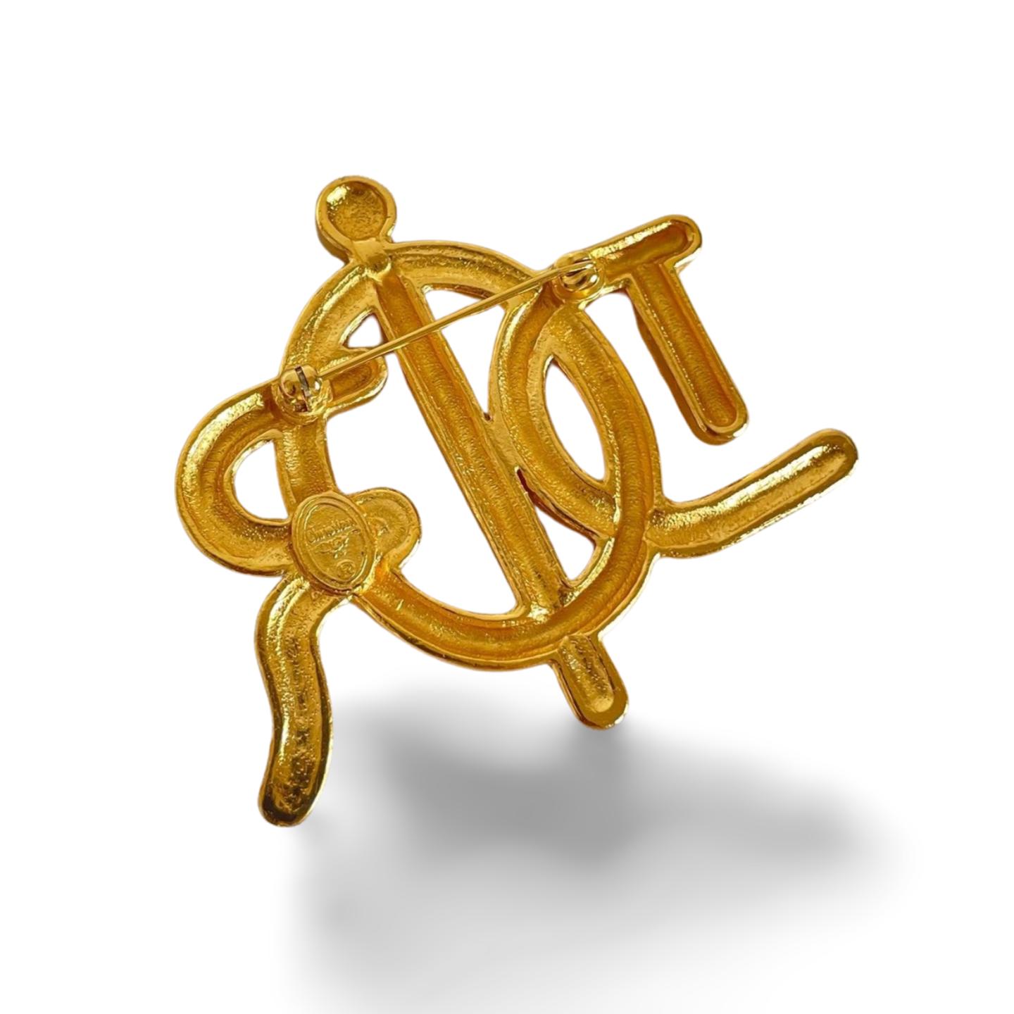 Vintage Christian Dior Twisted Logo Brooch | Gold-tone Statement