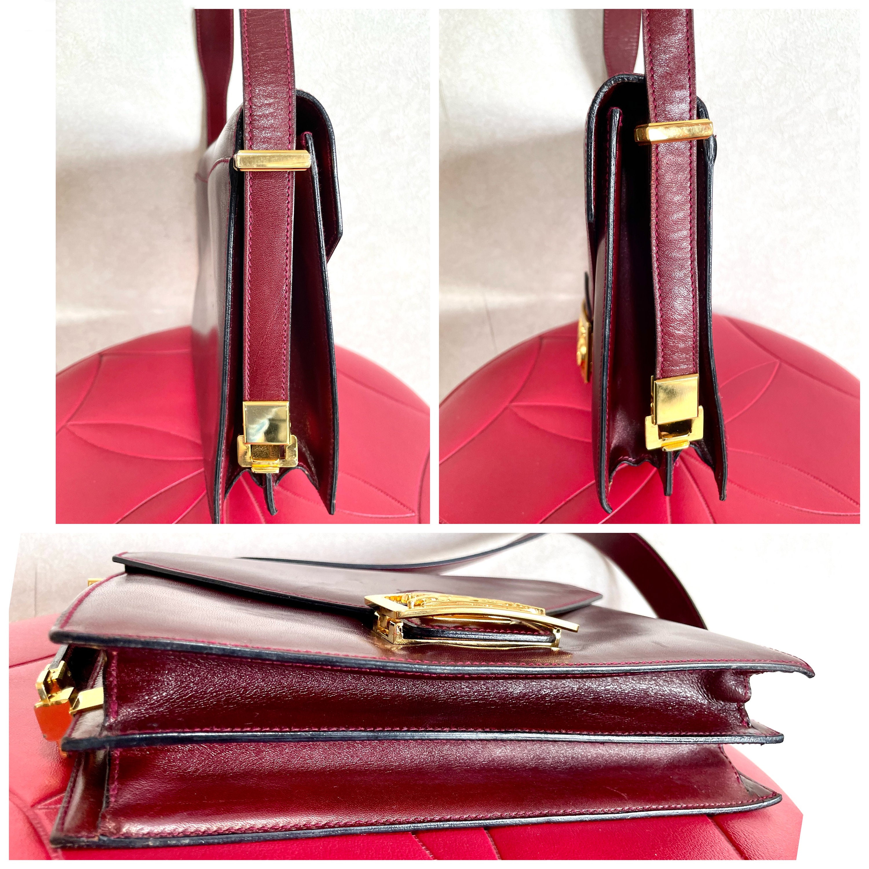 Vintage CELINE Wine Red Leather Shoulder Bag Clutch 1980s Golden