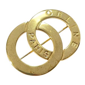 Vintage CELINE Double Circle Gold Tone Brooch With Embossed Logo