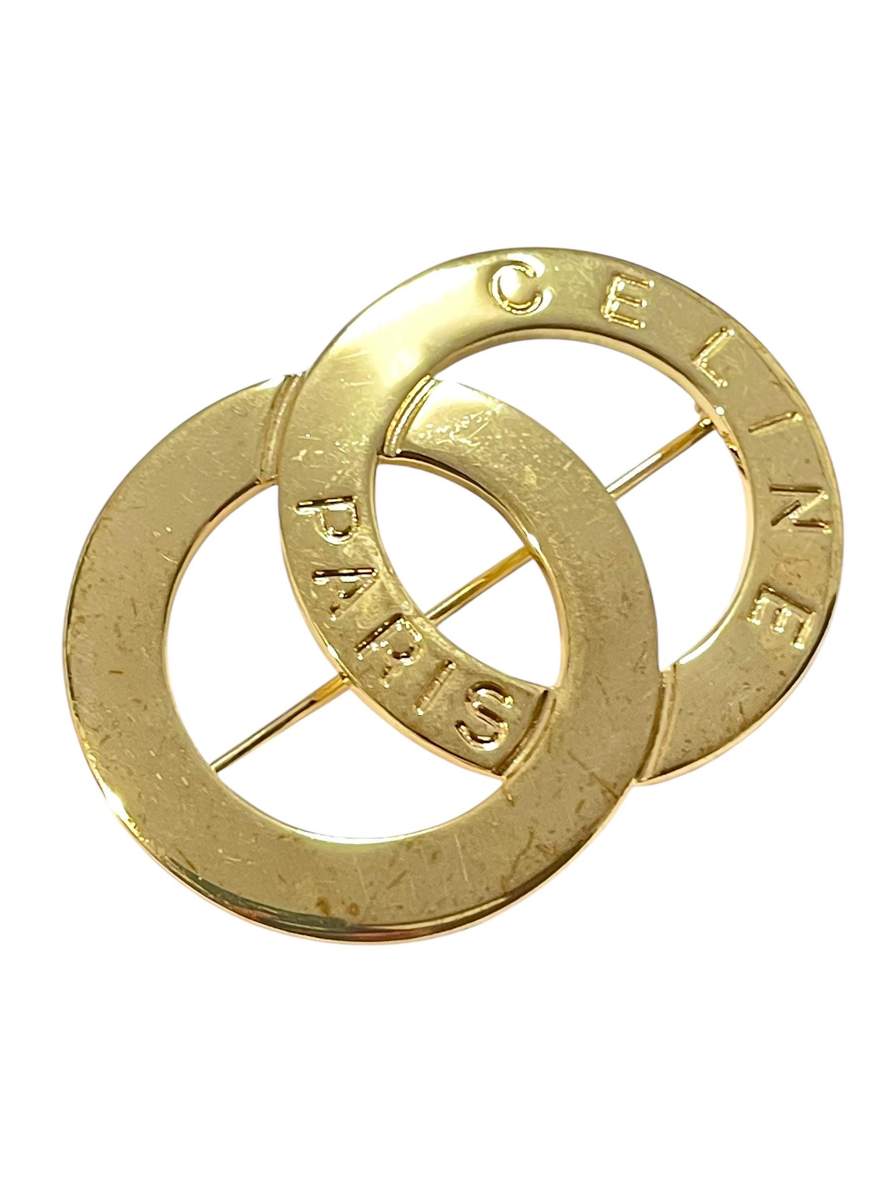 ♡ CELINE ♡ Vintage ♡ C broach ♡ Vintage CELINE Double Circle Gold Tone Brooch With Embossed Logo
