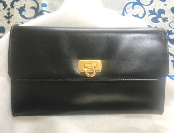Salvatore Ferragamo Wallet AO-22 1284 Gancini Black Gold Authentic Used  w/Box