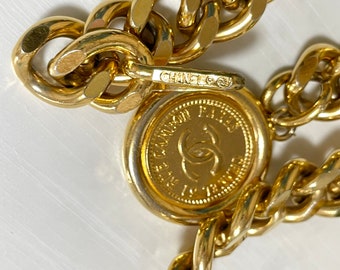 Vintage CHANEL Golden Thick Chain Belt With a CC Charm and Logo