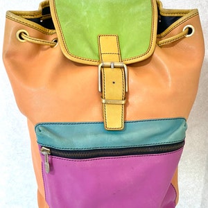 Vintage Celine genuine leather backpack in colorful patchwork design. Unisex bag for daily use. 050327rc4