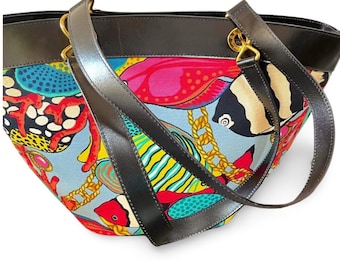 1990s Vintage CELINE Canvas & Leather Tote Bag With Tropical Fish