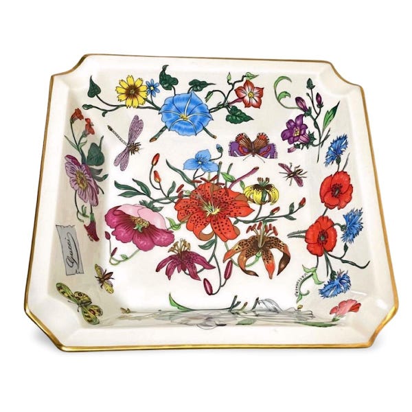1980s Vintage GUCCI × Bernardaud Limoges Ceramic Floral Plate / Ashtray. Accornero Collection. Butterfly & Dragonfly Motif. 070301y1a
