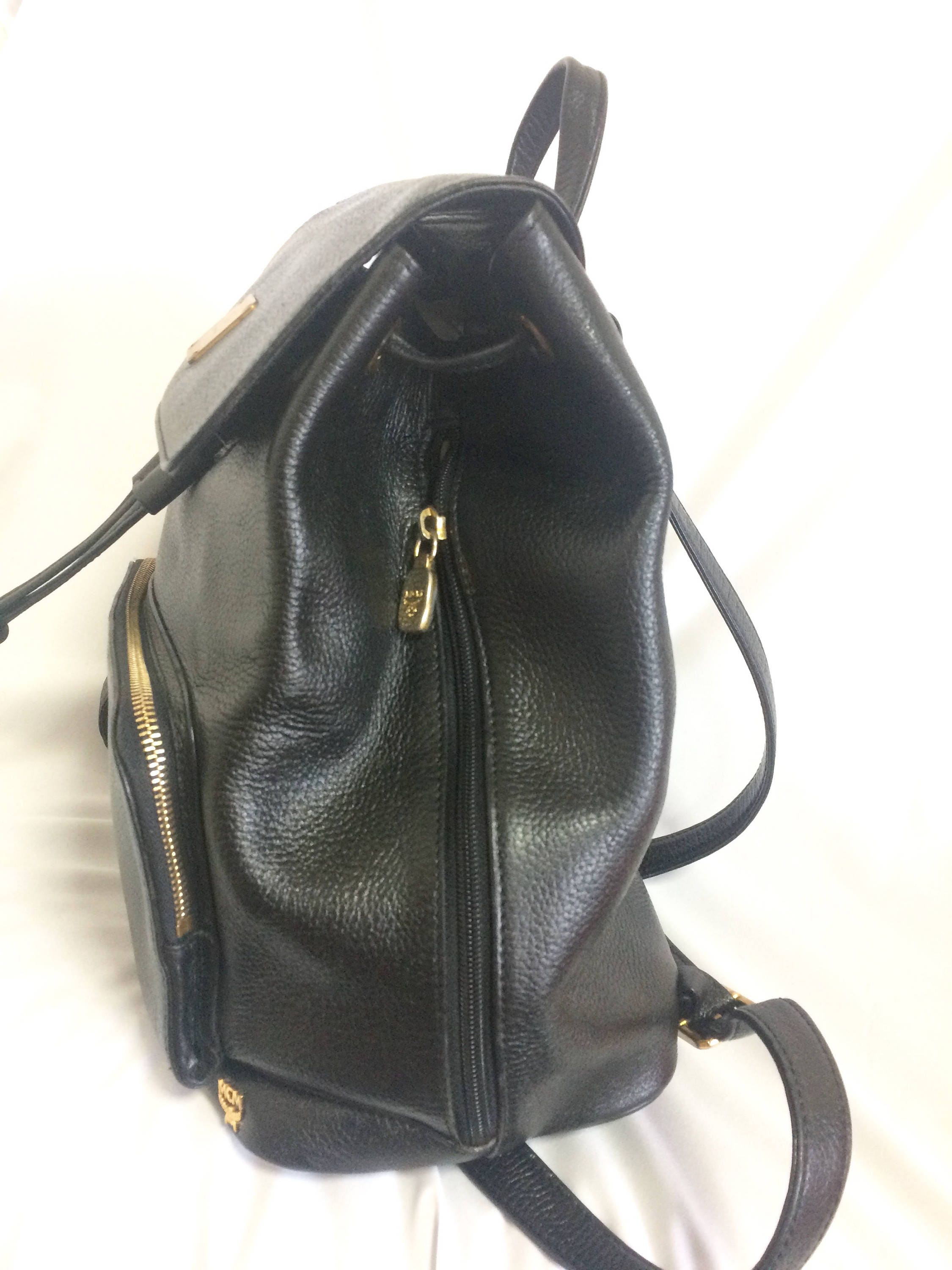 Vintage MCM Black Leather Backpack With Golden Studded Logo - Etsy
