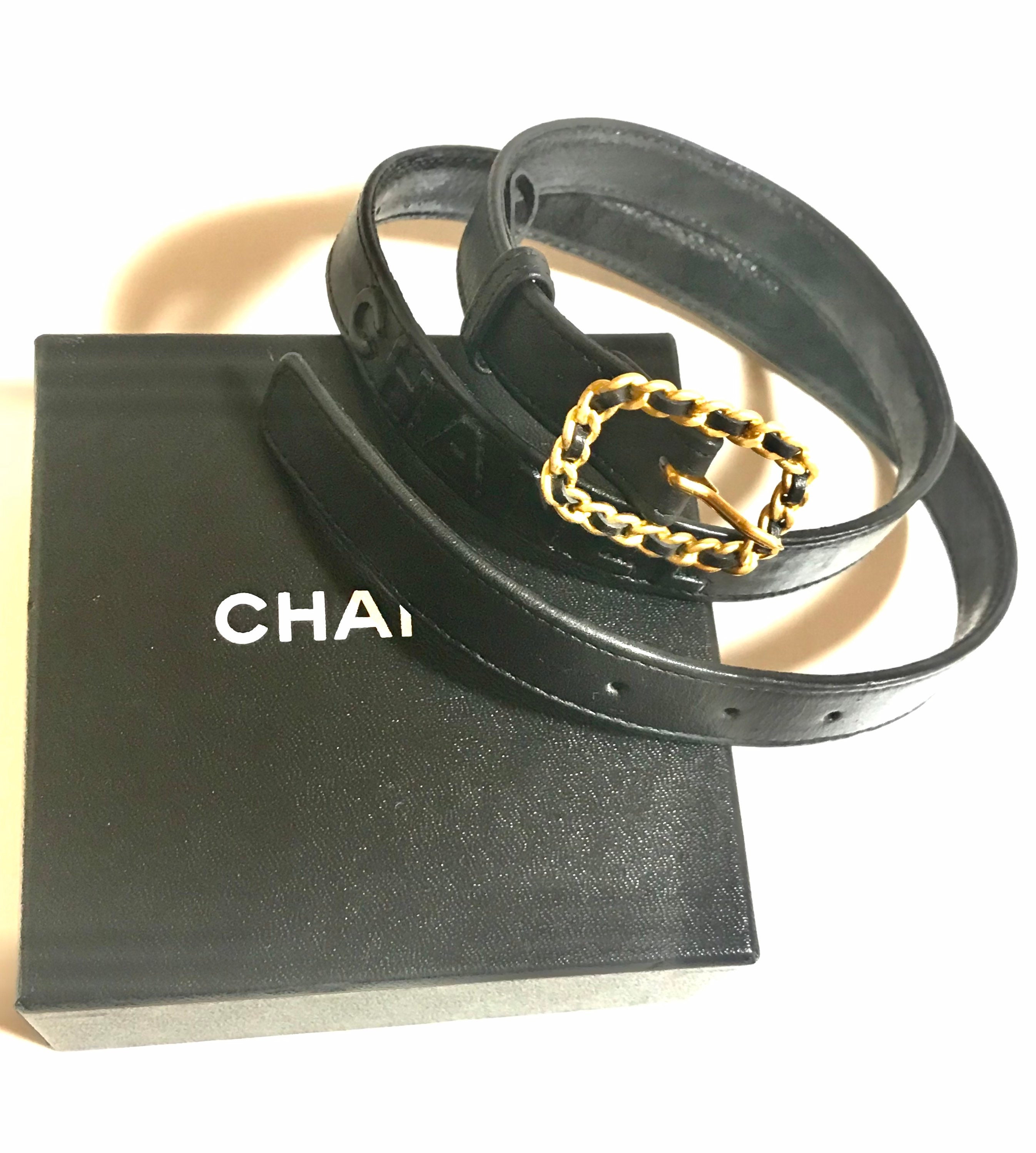 Vintage CHANEL Black Skinny Belt With Golden Chain Buckle and 