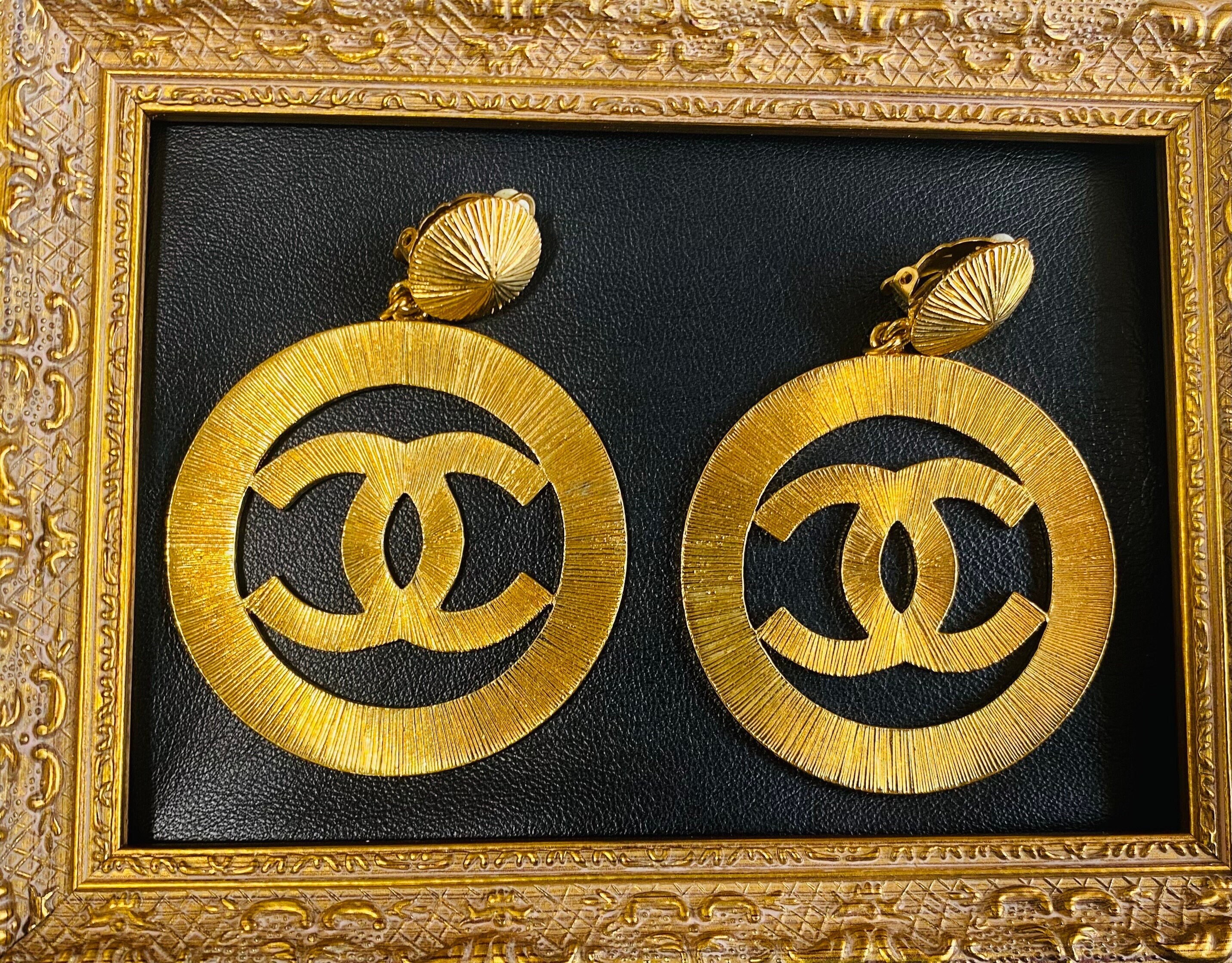 Authentic Vintage Chanel clip on earrings CC logo double C large dangle  #db001