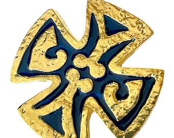 MINT. Vintage Yves Saint Laurent Gold-Tone Brooch with Navy Blue Enamel Cross Design. Can Also Be Worn as a Pendant. 080602ac1