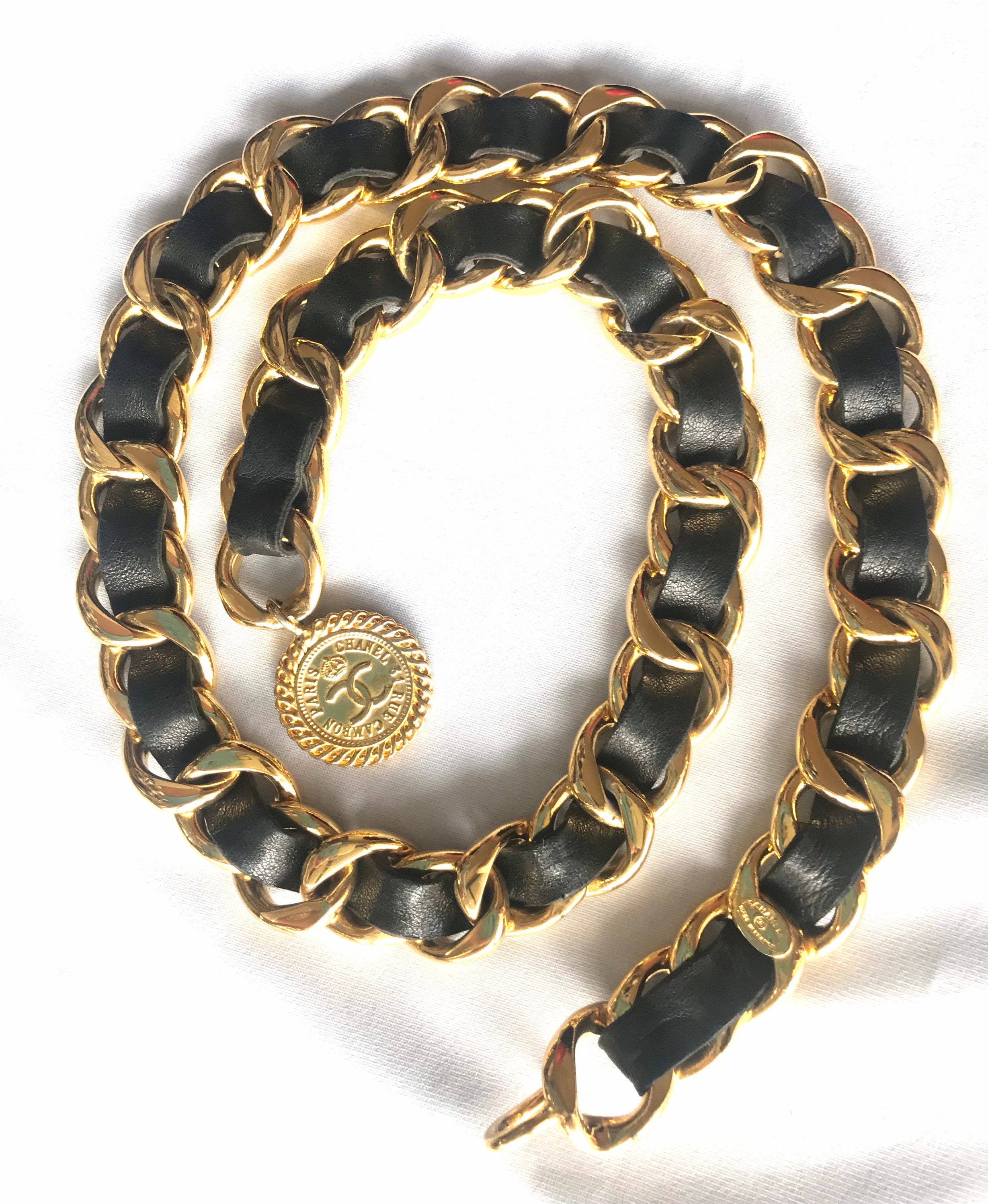 Gold & Black Leather 'CC' Medallion Chain Belt