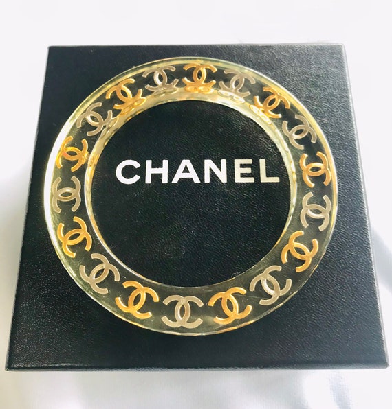 Vintage CHANEL Clear Resin Bangle Bracelet — Gold & Silver CC