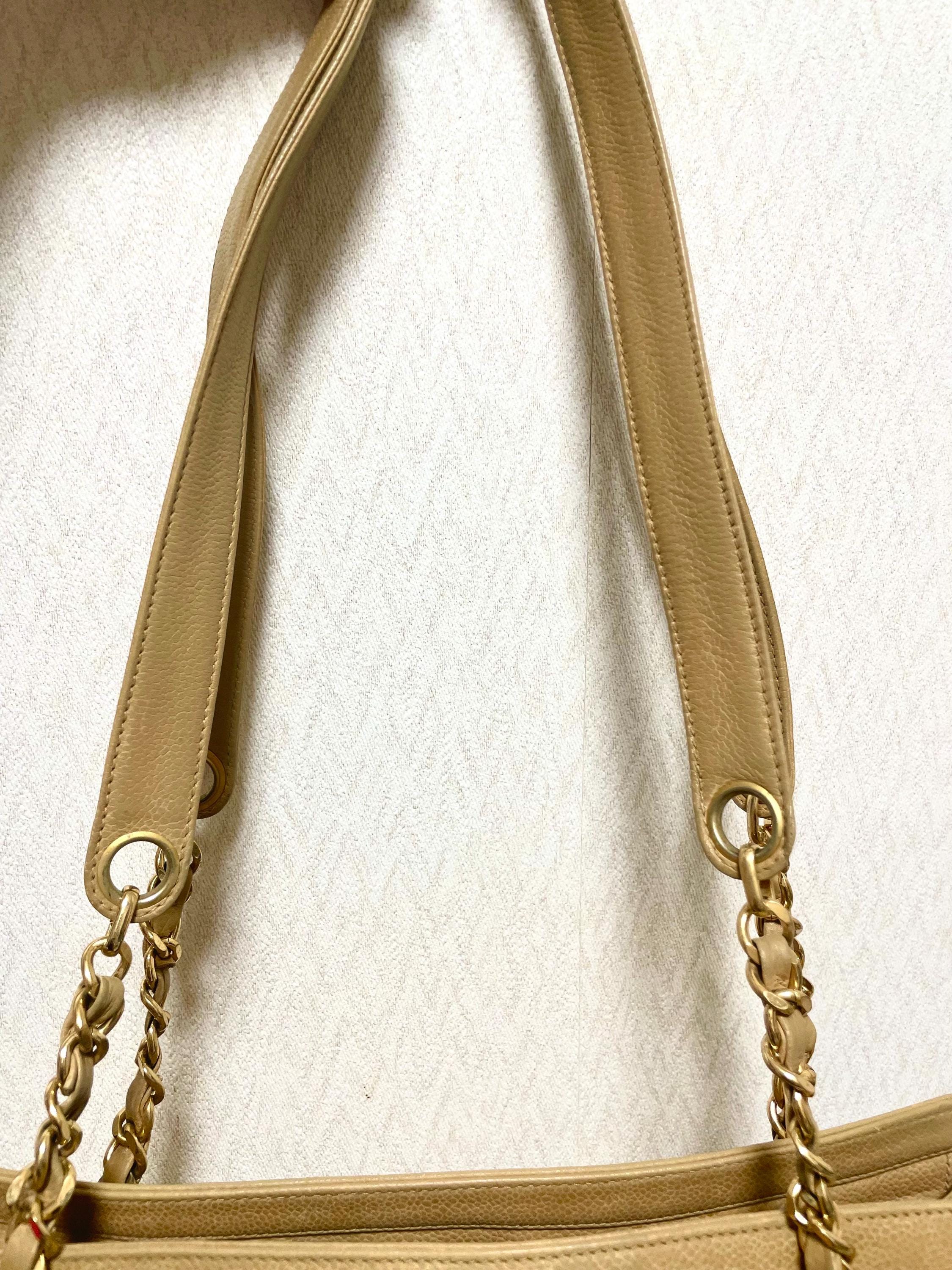 Vintage CHANEL Beige Caviar Leather Chain Tote Bag, Shoulder Purse