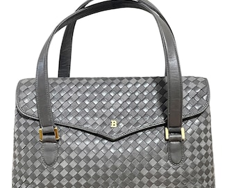 Vintage BALLY Taupe Gray Intrecciato Lambskin Leather Handbag with Golden B Logo Motif. Classic Purse. Made in Italy. 080714ac1