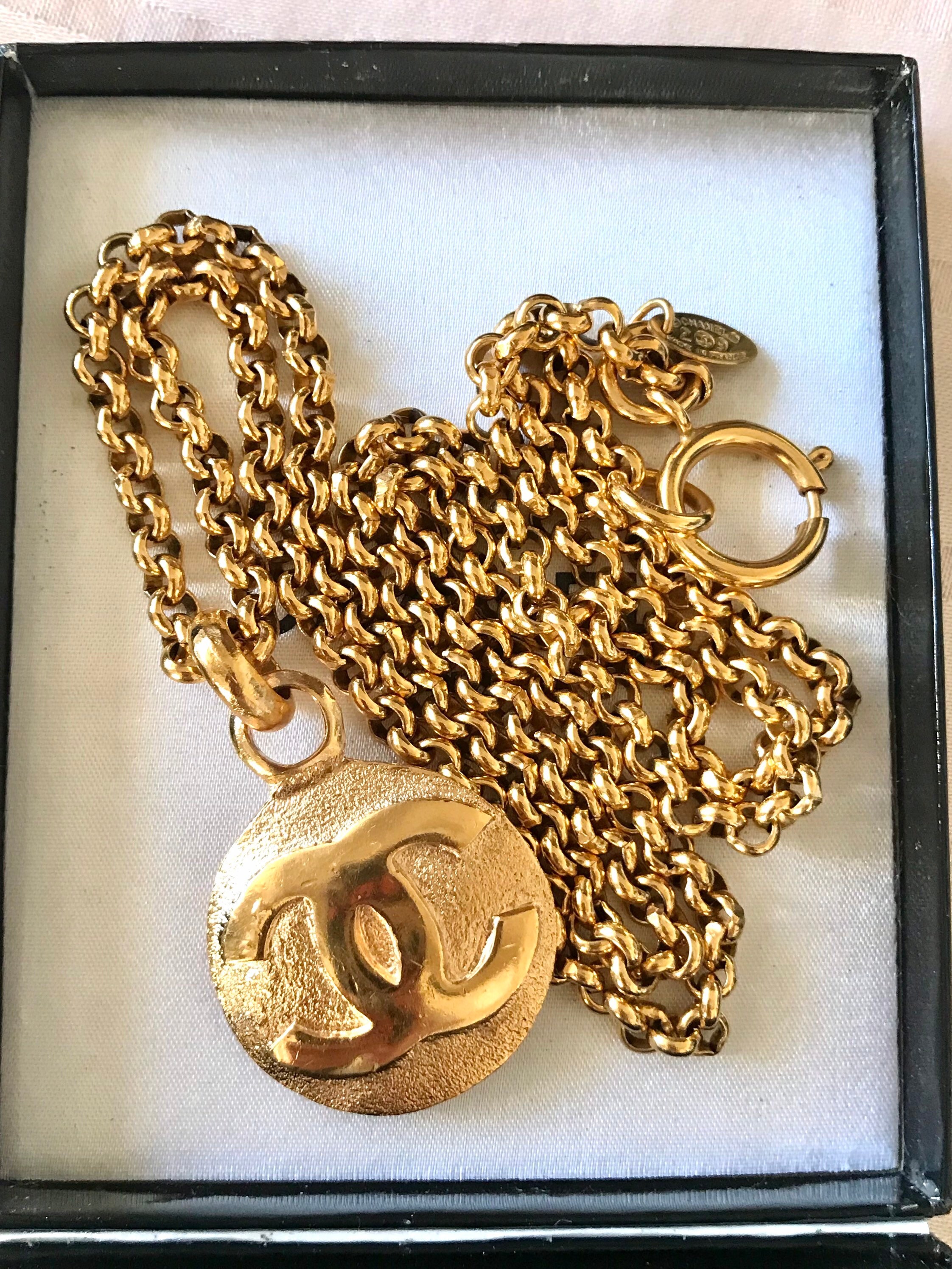 Vintage CHANEL Golden Chain Necklace With Round CC Mark Charm