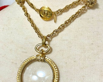 Vintage CHANEL golden chain necklace with loupe glass pendant top and ball charms. Gorgeous masterpiece. 0410131ac