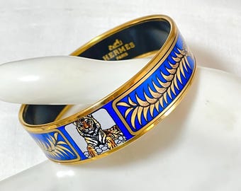 新品未使用★HERMES★ボディミトン Vintage Hermes Blue Cloisonne Enamel Golden Thick Bangle