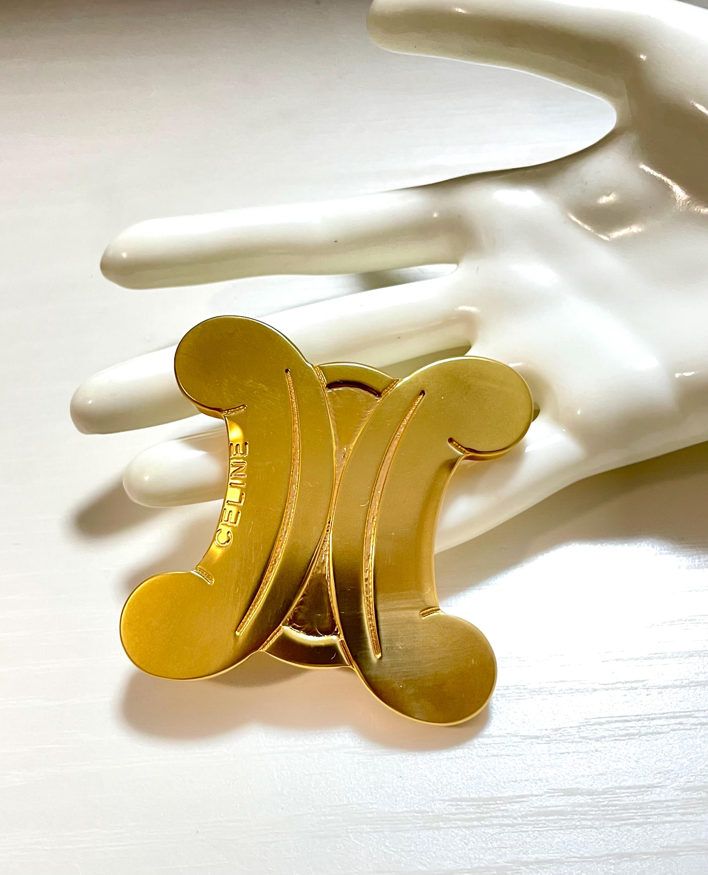 Vintage CELINE Extra Large Gold Tone Triomphe Brooch Statement