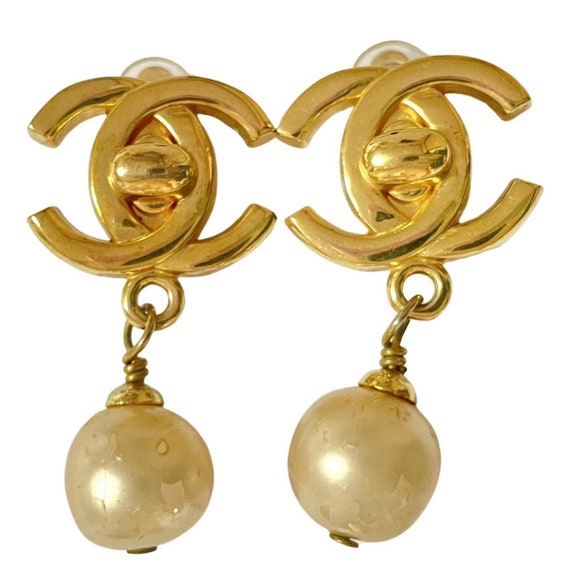 CHANEL, Jewelry, Auth Bn Chanel Large Cc Logo Dangle Earrings Gold Metal  Hdw W Pearl Crystal