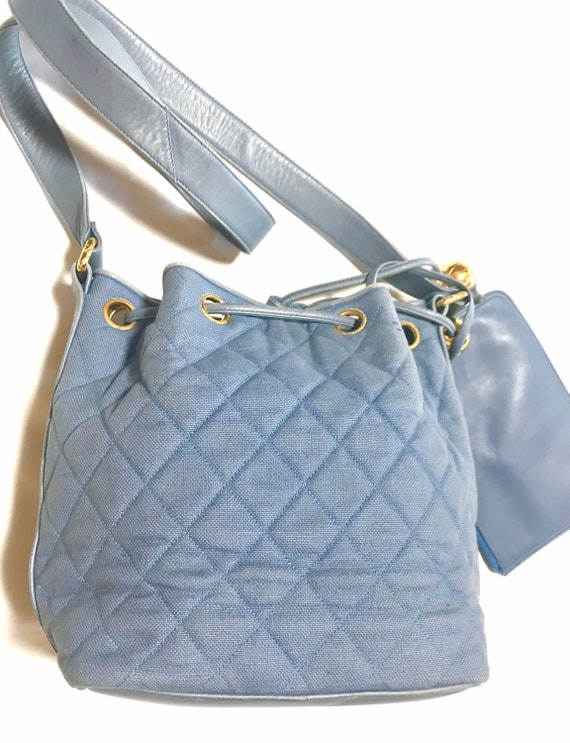 Vintage CHANEL blue quilted canvas and leather combo hobo bucket shoulder bag with drawstrings and golden CC mark balls. 060905r3 Etsy